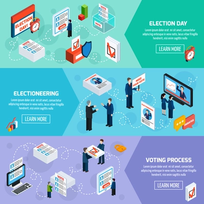 Elections and voting isometric horizontal banners with electioneering election day and voting process icons set flat vector illustration