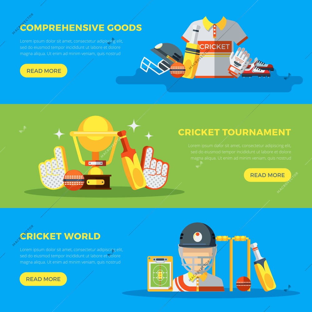 Cricket world and tournament banners with goods and apparel for players flat vector illustration