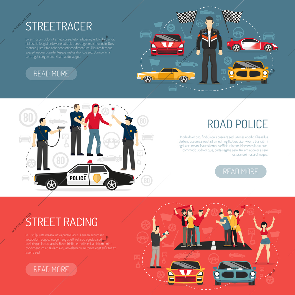 Street racing flat horizontal banners set with information about participants and road police abstract isolated vector illustration