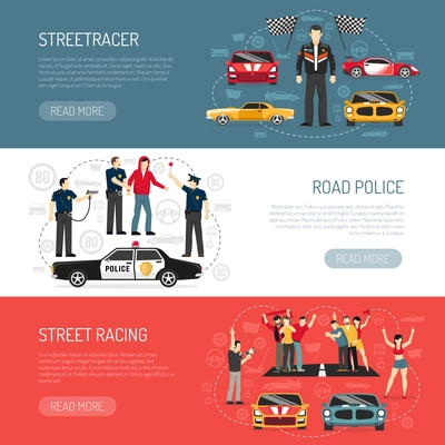 Street racing flat horizontal banners set with information about participants and road police abstract isolated vector illustration