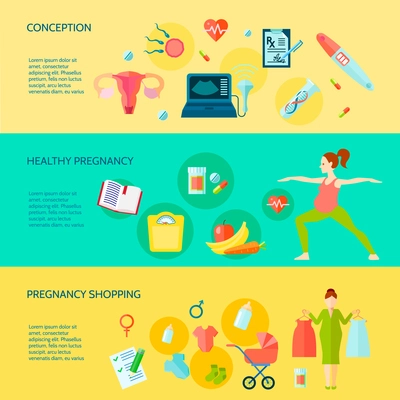 Pregnancy horizontal banners set with pregnancy shopping symbols flat isolated vector illustration