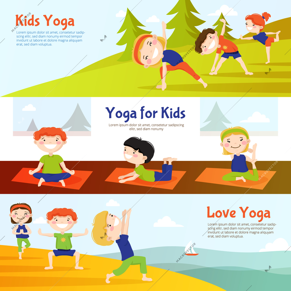 Yoga for kids 3 horizontal banners set with children practicing asana poses outdoor abstract isolated vector illustation