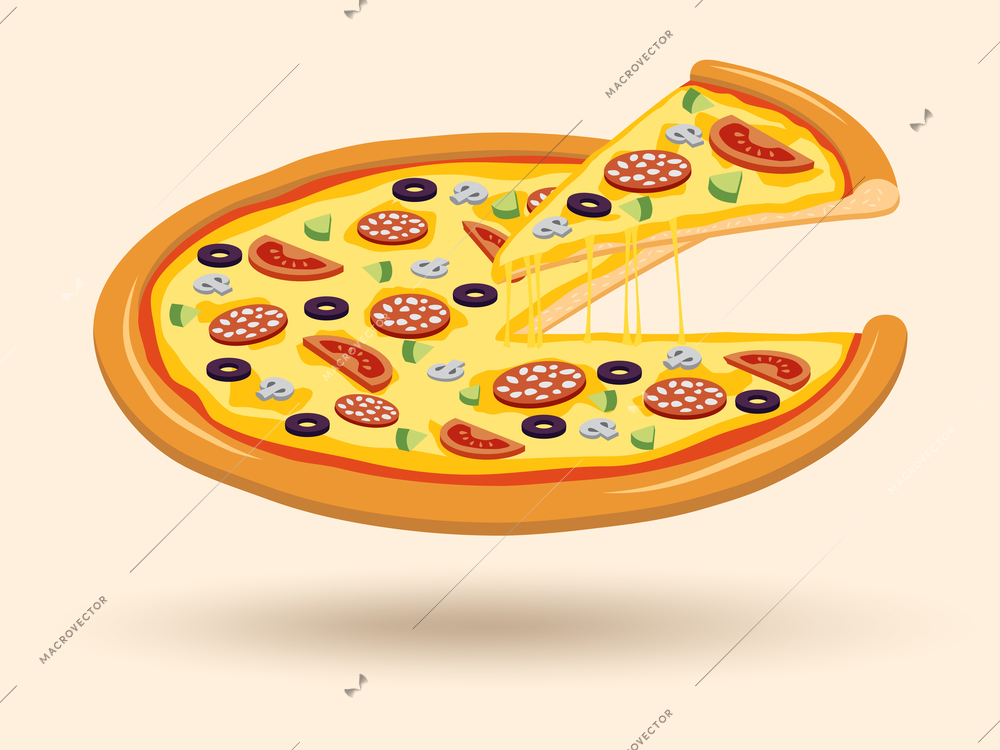 Round hot delicious tasty meat cheese olive tomato mushroom pizza with cut slice emblem vector illustration