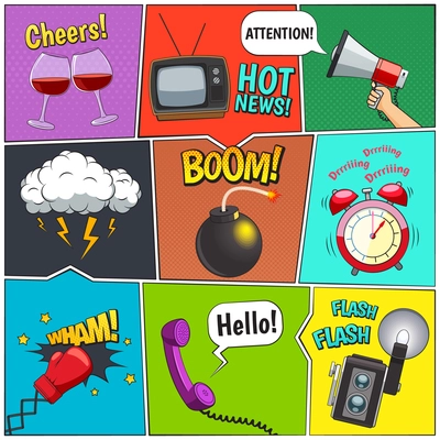 Comic books retro design elements collection with alarm clock and thunderstorm clouds with speech bubbles vector illustration