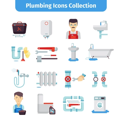 Plumber flat icons collection of bath tub shower water pipes and tools kit abstract isolated vector illustration.