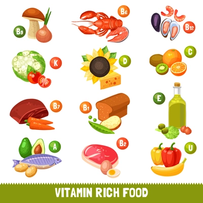 Icons set of different food products separated by main vitamins groups flat isolated vector illustration