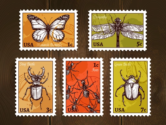 Set of postage stamps with insects drawn in sketch style on wooden background poster vector illustration