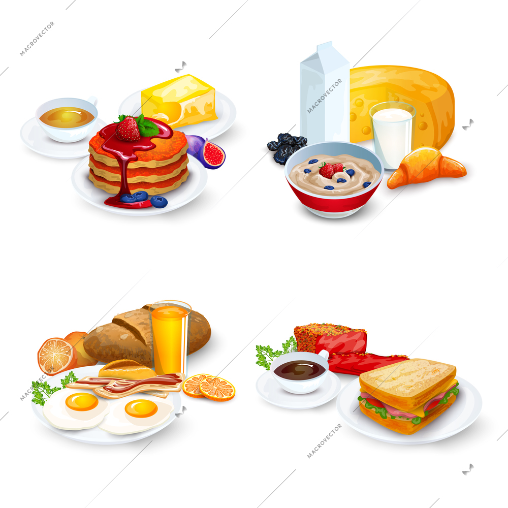 Breakfast Compositions Set. Breakfast Vector Illustration. Breakfast Cartoon Symbols.Breakfast  Design Set.  Breakfast Isolated Set. Breakfast And Food Concept.