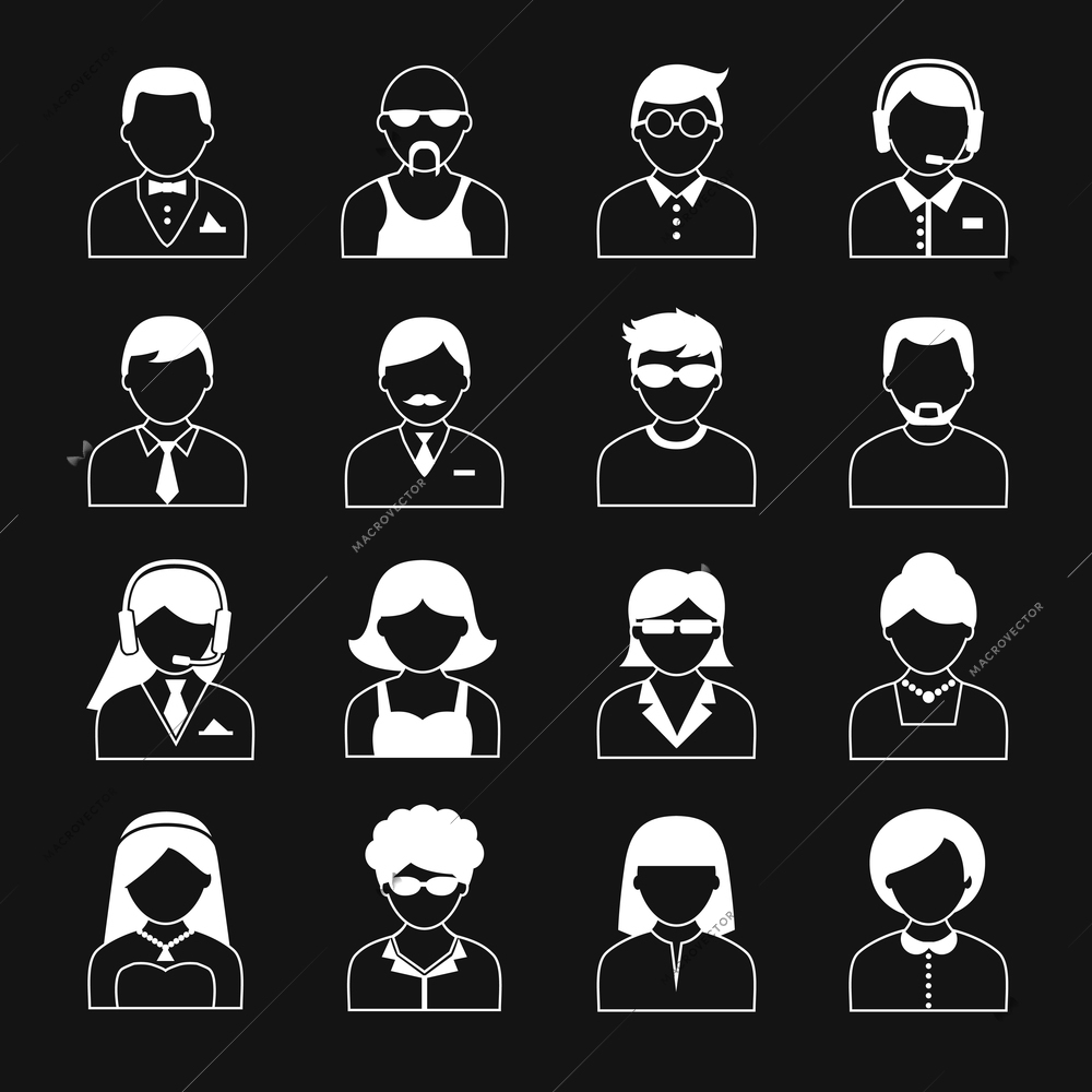 Avatar icons users head white black reverse color silhouette portrait set isolated vector illustration