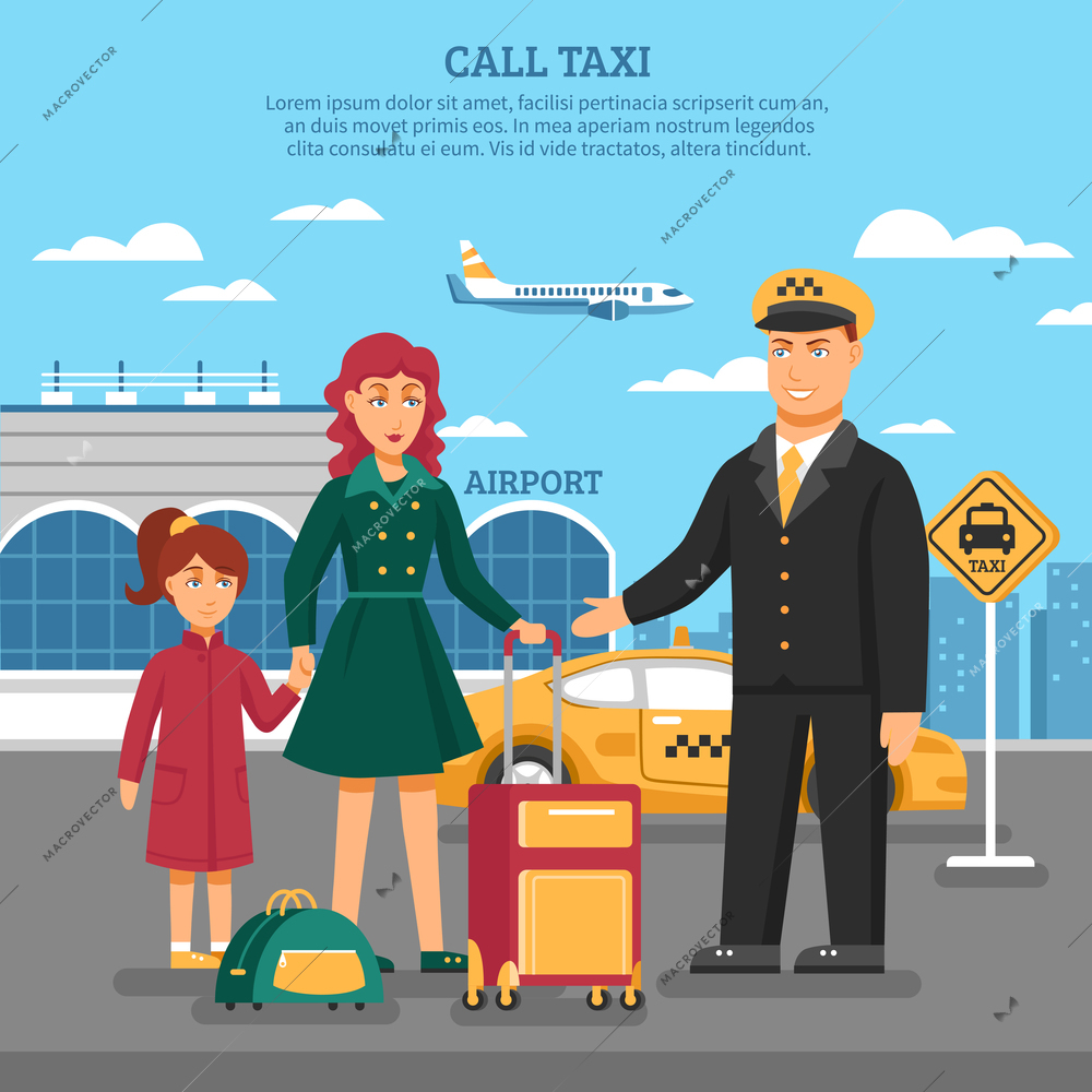 Taxi service poster with description of taxi to airport and a taxi driver added services for transfer of luggage vector illustration