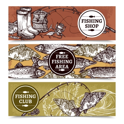 Hand drawn horizontal banners of fishing shop with equipment free fishing area with fishes and club vector illustration