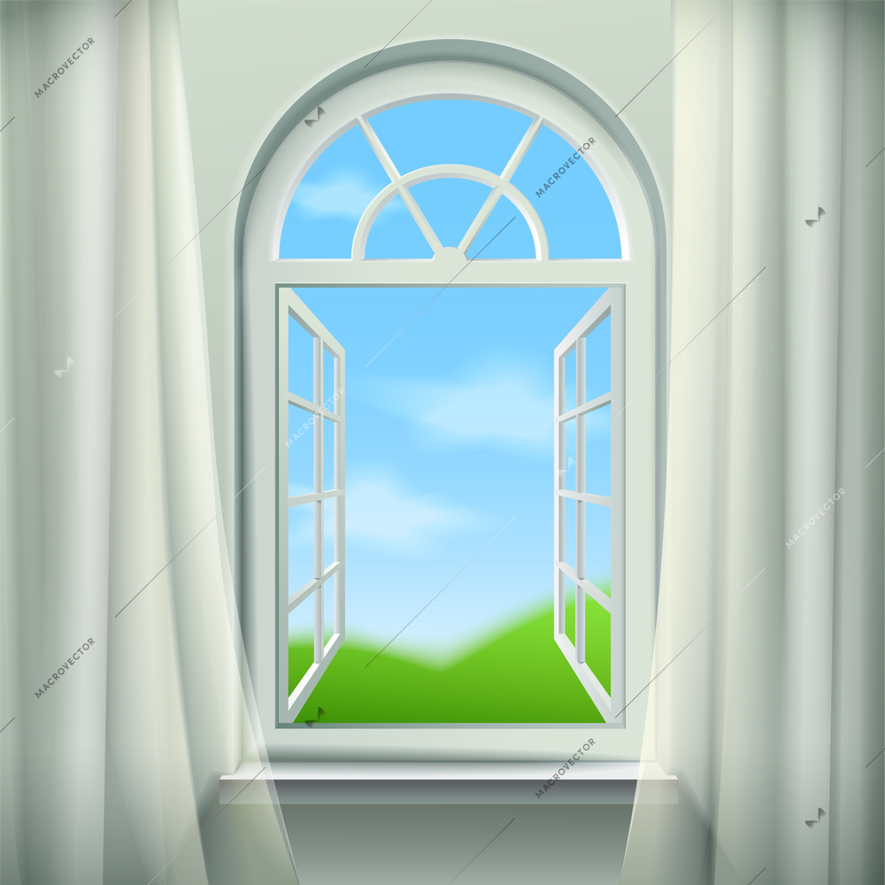 Open Arched Window  Background. Open Arched Window Vector Illustration. Open Arched Window Design. Arched Window Realistic  Decorative Illustration.