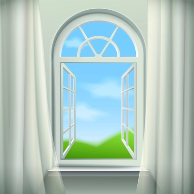 Open Arched Window  Background. Open Arched Window Vector Illustration. Open Arched Window Design. Arched Window Realistic  Decorative Illustration.