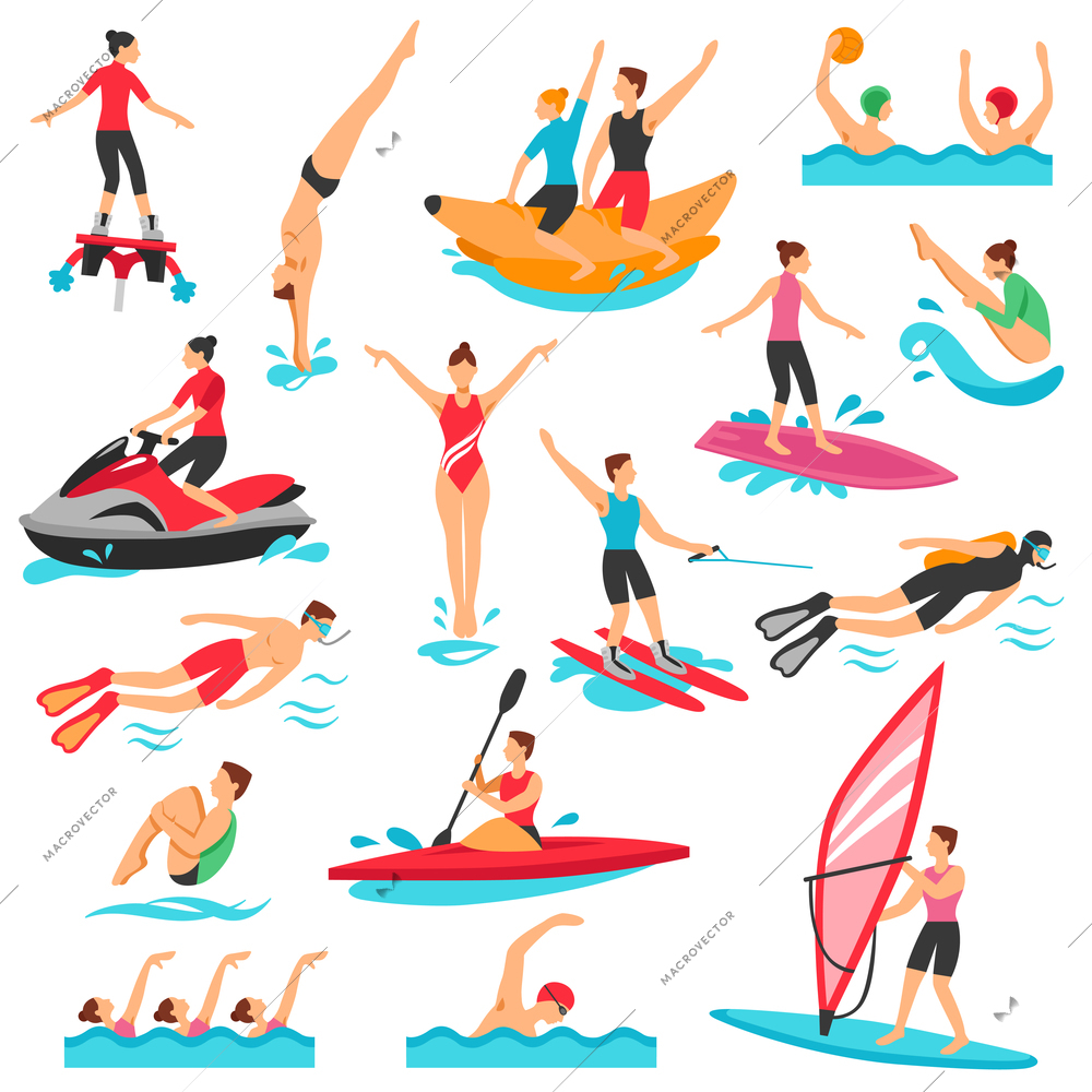 Water Sport Icons Set. Water Sport Vector Illustration. Water Sport Decorative Set.  Water Sport Design Set. Water Sport Flat Isolated Set.