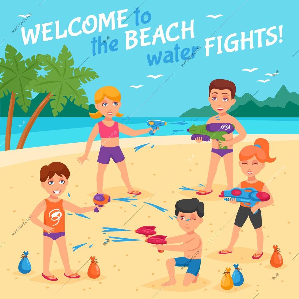 Beach water fights with children and water guns flat vector illustration