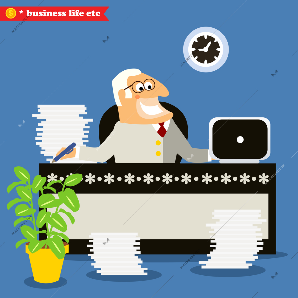 American boss at the desk, making business decision vector illustration