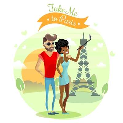 Romantic journey with couple sightseeing and taking photos in Paris cartoon vector illustration