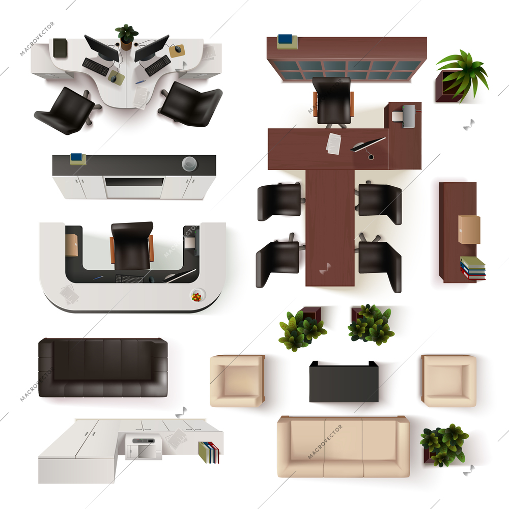 Office Interior  Elements Collection. Office Interior Vector Illustration. Office Interior Decorative Set.  Office Interior Design Set.Office Interior  Realistic Isolated Set. Office Interior Top View.