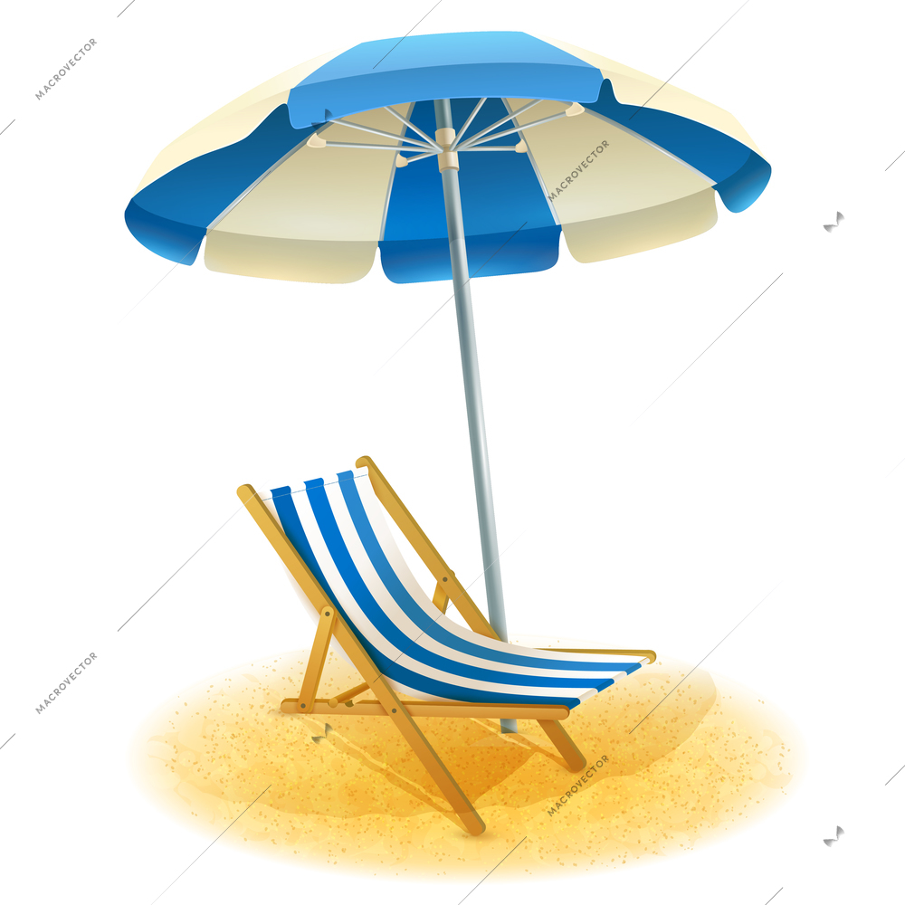 Deck chair with umbrella and beach sand in summer cartoon vector illustration