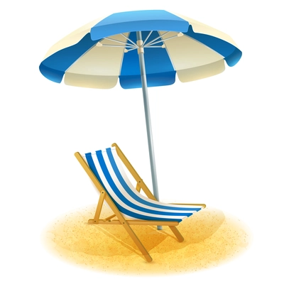 Deck chair with umbrella and beach sand in summer cartoon vector illustration