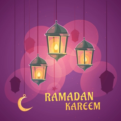 Color cartoon composition depicting ramadan lantern with purple background vector illustration