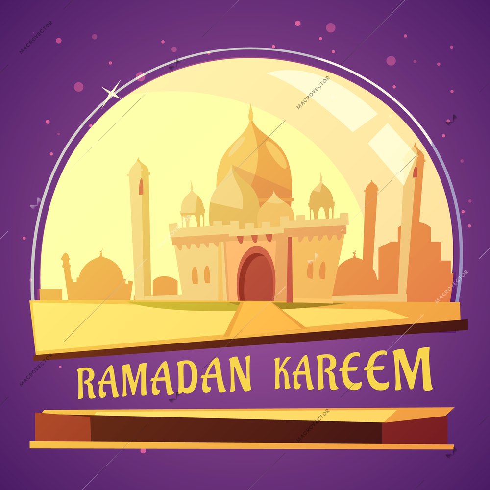 Color cartoon illustration with purple background depicting arabian mosque ramadan kareem vector illustration