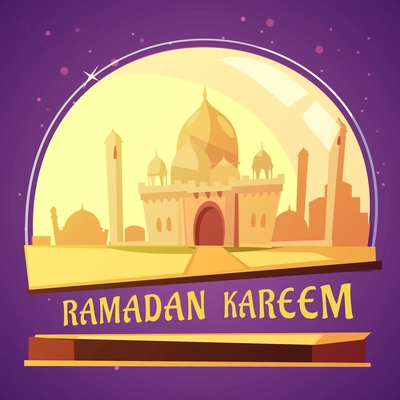 Color cartoon illustration with purple background depicting arabian mosque ramadan kareem vector illustration