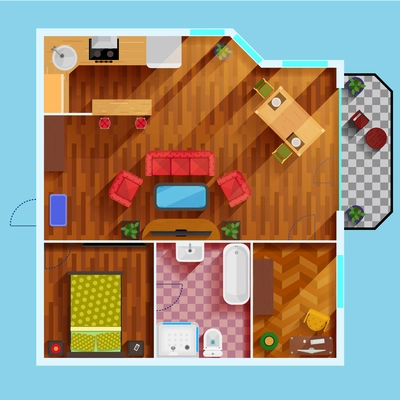 One bedroom apartment floor Plan with kitchen dinning area balcony bathroom and rooms for study and leisure flat vector illustration