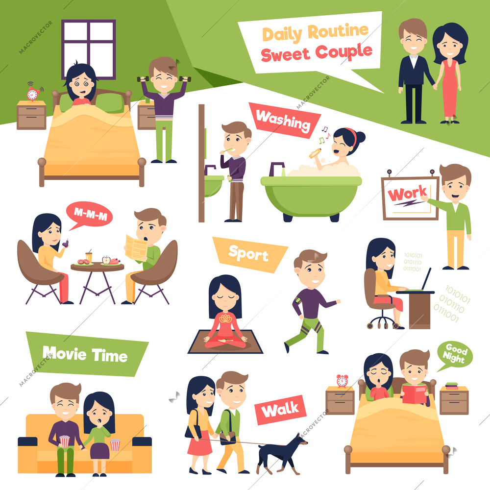 Poster with images set of people daily routine presenting ordinary day of sweet couple cartoon vector illustration