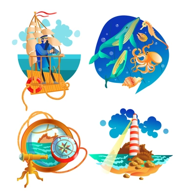 Nautical sea symbols 2 flat icons set with sailboat captain and  lighthouse vintage abstract isolated vector illustration