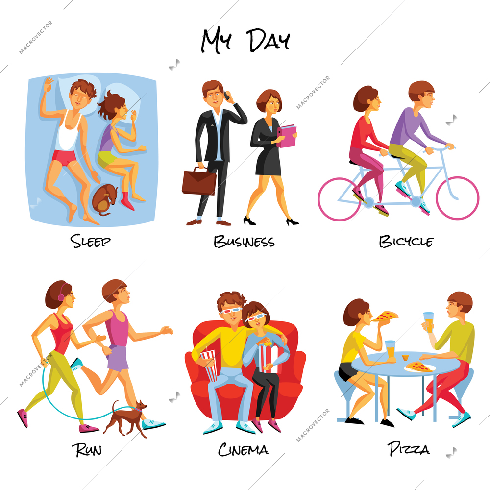 Lifestyle Icons Set. Lifestyle Vector Illustration. Daily Routine Cartoon Symbols.  Typical Day Design Set.  Daily Routine Isolated Set.