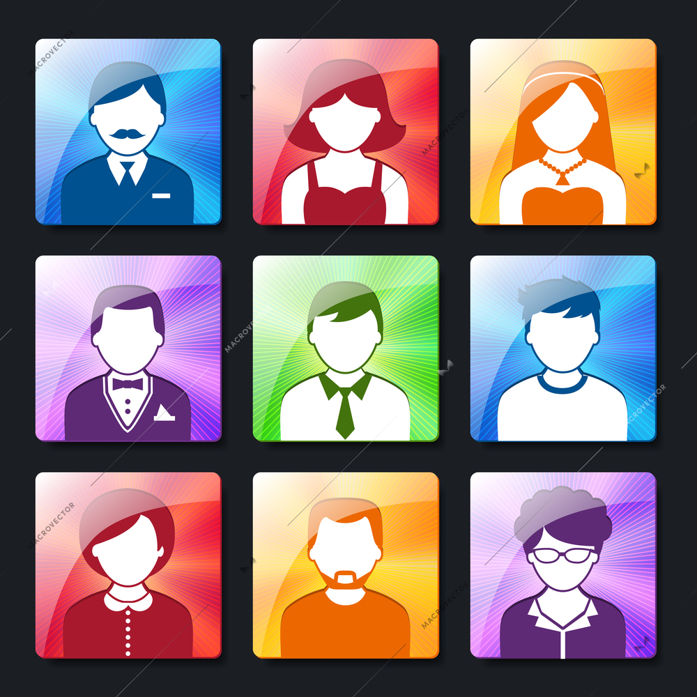 Social networks avatar pictograms of male and female user profiles on radiating background icons collection isolated vector illustration