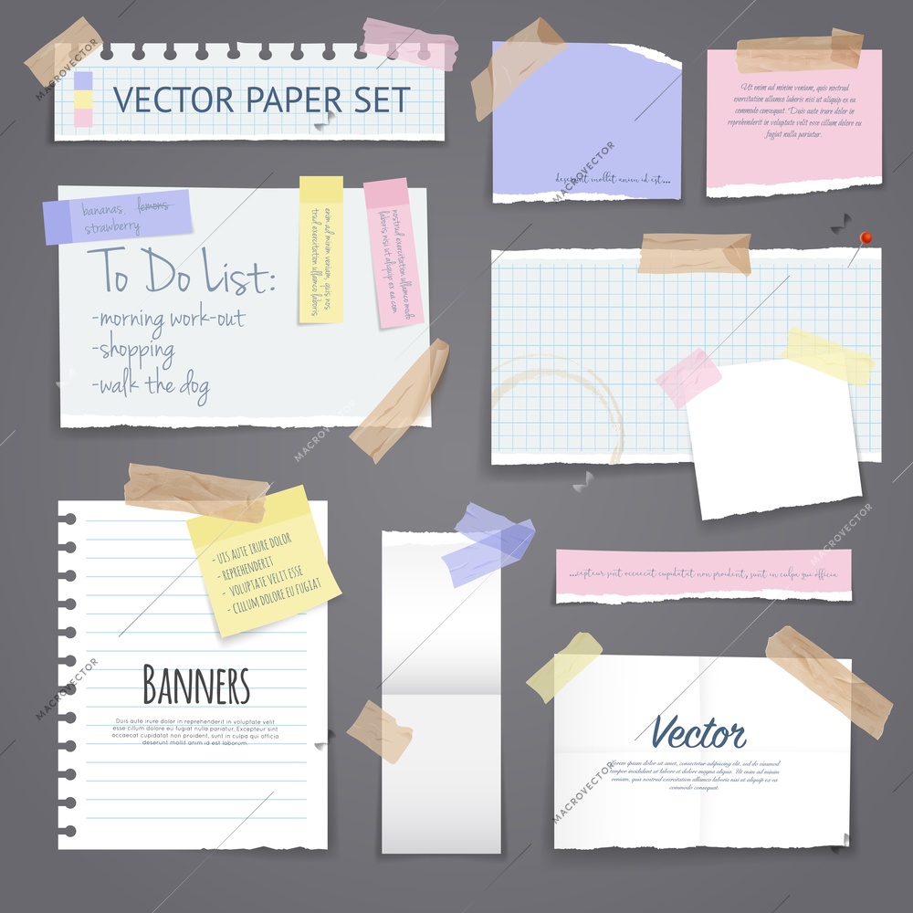 Paper banners with notes set attached with sticky colorful tape on grey background isolated realistic vector illustration