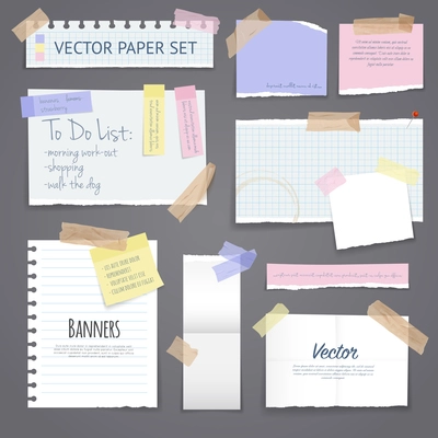 Paper banners with notes set attached with sticky colorful tape on grey background isolated realistic vector illustration