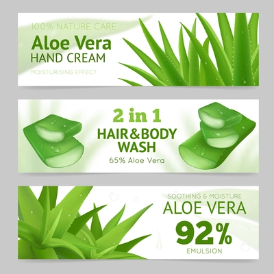 Horizontal sliced and whole aloe vera leaves banners presenting natural hand cream hair and body wash and emulsion