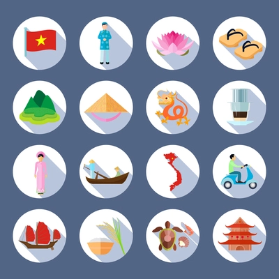 Vietnamese national symbols culture cuisine traditions flat round slant shadow icons collection abstract isolated vector illustration