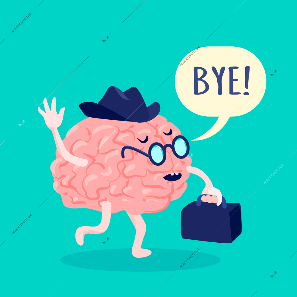 Brain in hat and glasses saying bye with suitcase flat vector illustration