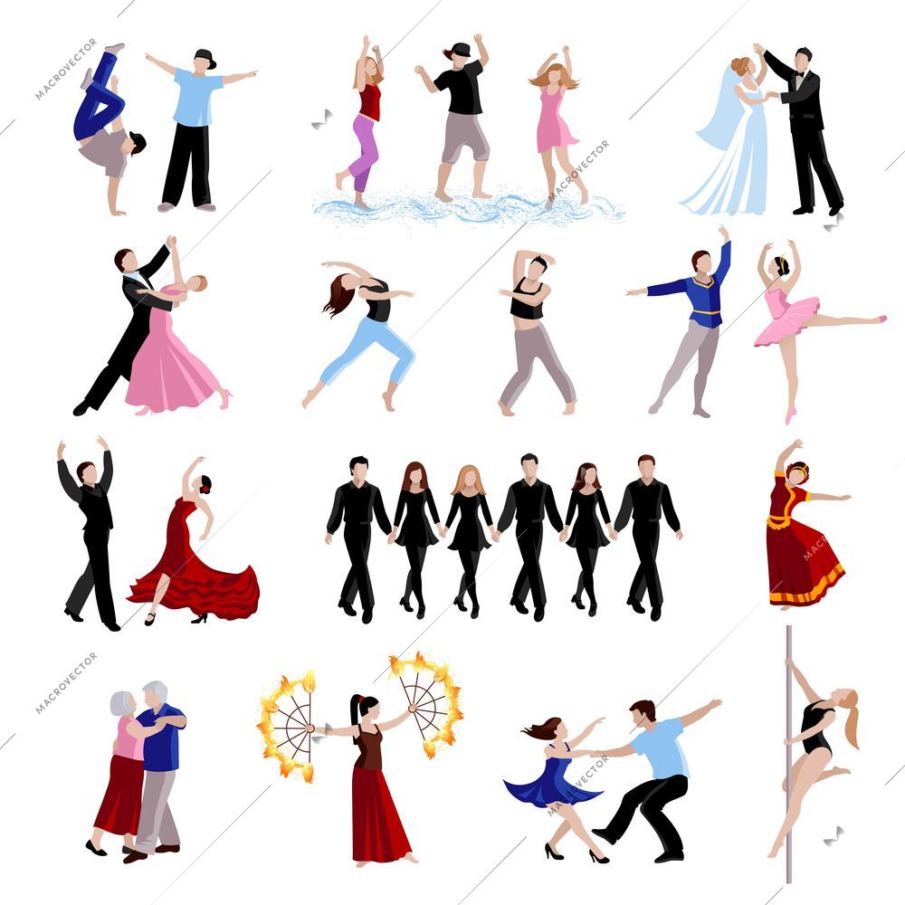 Dancing various styles of dance people of different ages in costumes flat icons set isolated vector illustration