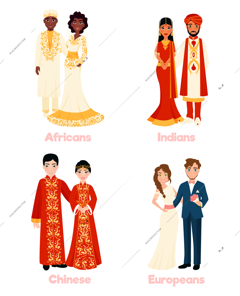 Multicultural wedding couples in national clothing on white background flat isolated vector illustration