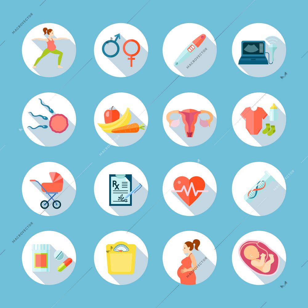 Pregnancy round shadow icons set with medical care symbols on blue  background flat isolated vector illustration