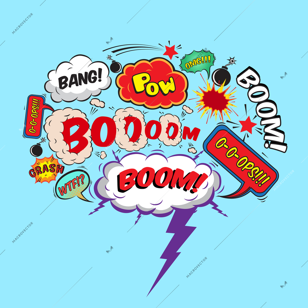 Comic speech bubble design element boom splash bomb symbol vector illustration