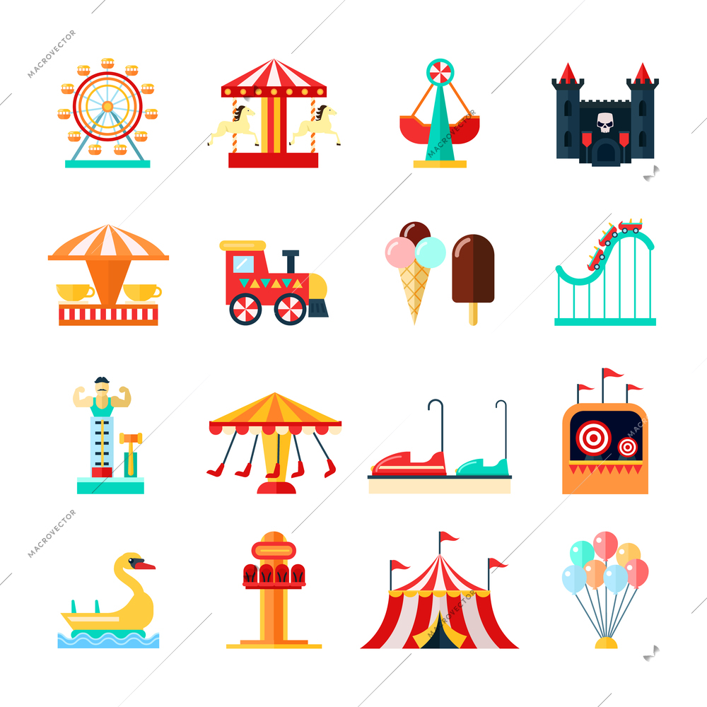 Amusement park for children with attractions icons set flat isolated vector illustration