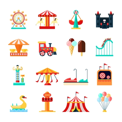 Amusement park for children with attractions icons set flat isolated vector illustration