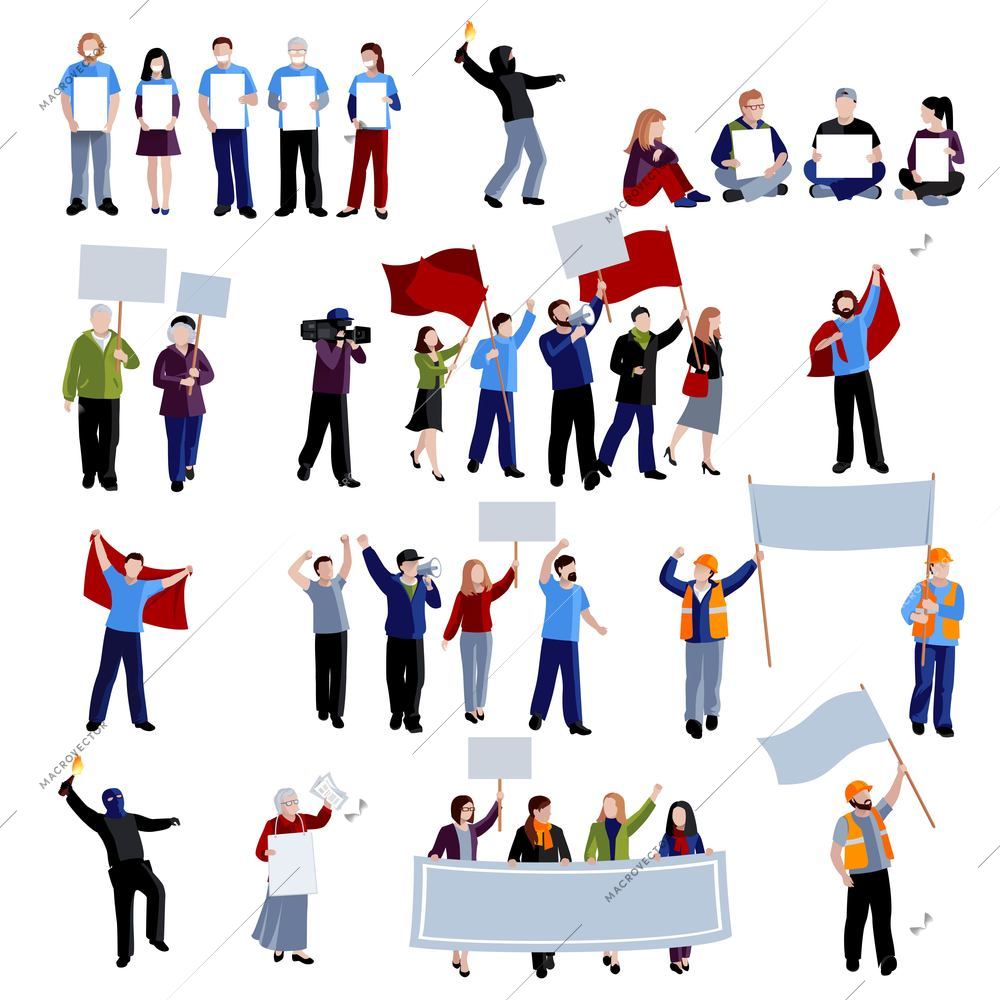 Demonstration protest people holding megaphones flags and placards on white background flat isolated vector illustration