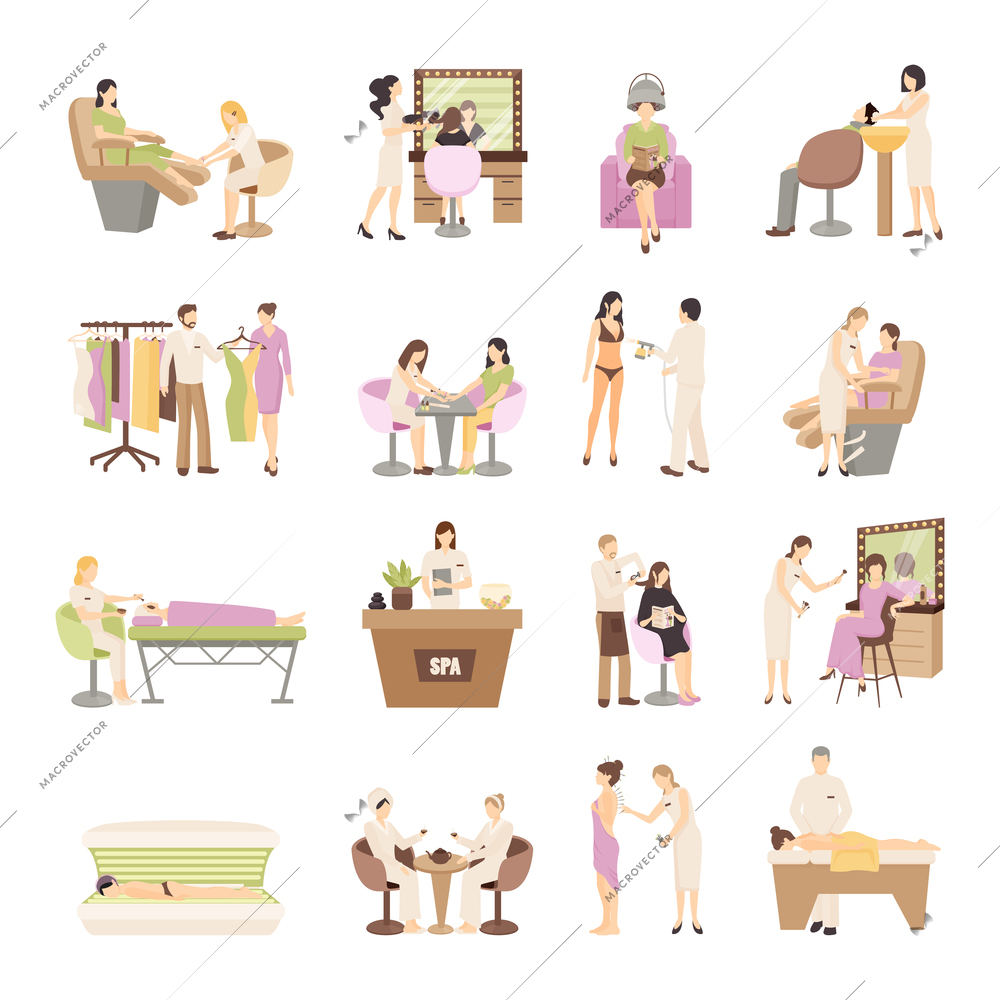 People in spa salon and various beauty procedures on white background isolated flat vector illustration