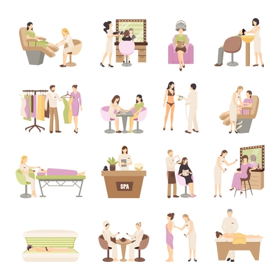 People in spa salon and various beauty procedures on white background isolated flat vector illustration