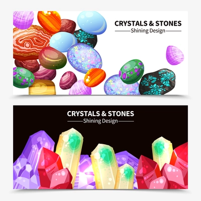 Horizontal crystal stones and rocks with shining design on white and black background banners cartoon isolated vector illustration