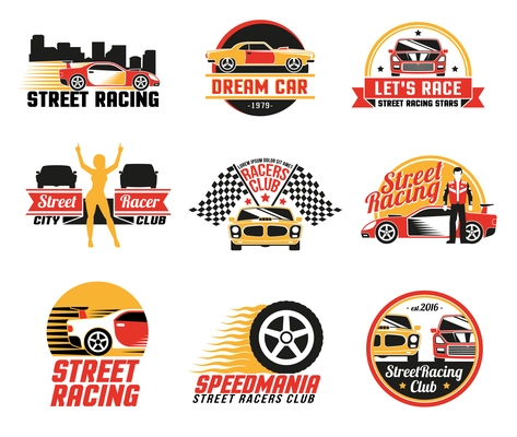 Street racing clubs labels emblems collection with dream car golden girl figure and checkered flags isolated vector illustration