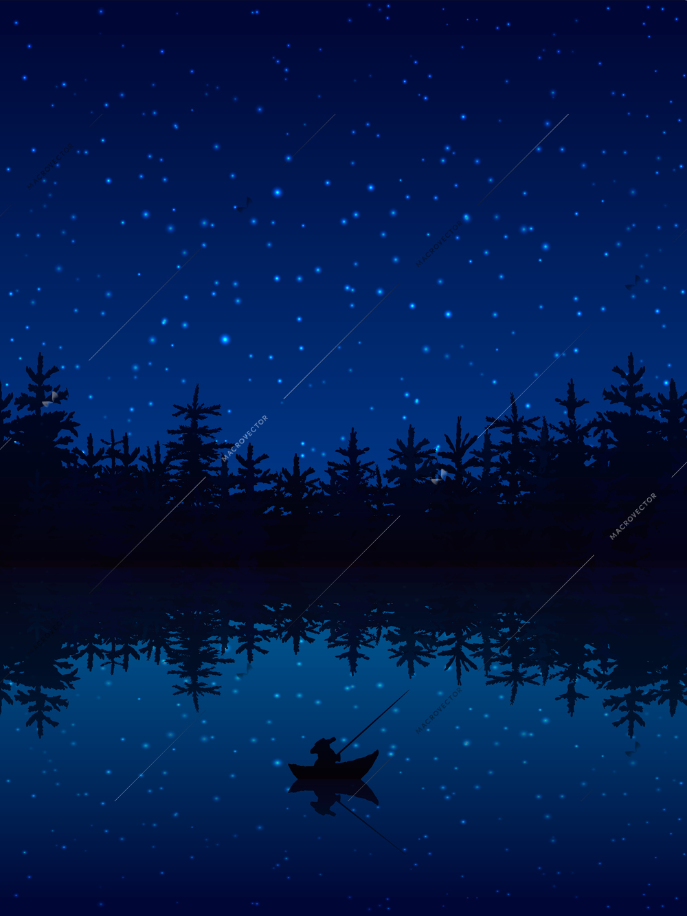 Fishing at night near a forest with boat and rod flat vector illustration