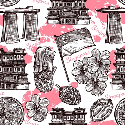 Singapore hand drawn sketch seamless pattern with orchid traditional food flag and famous architecture vector illustration